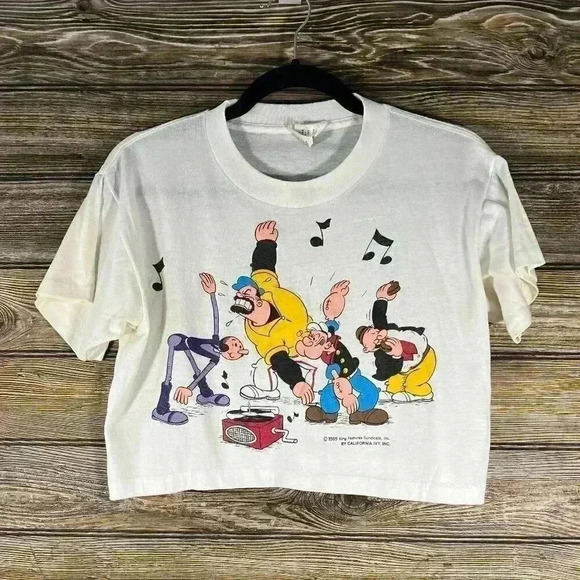 1985 Popeye Olive Oyl Brutus Wimpy Cotton Crop Top Short Sleeve Tshirt Vintage L - Picture 1 of 4